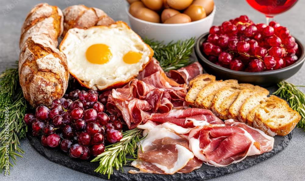 A Beautifully Arranged Charcuterie Board with Fresh Ingredients Featuring Eggs, Meats, Breads, and Juicy Berries on a Rustic Stone Surface A Beautifully Arranged Charcuterie Board with Fresh Ingredients Featuring Eggs, Meats, Breads, and Juicy Berries on a Rustic Stone Surface