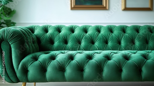 Vibrant emerald green velvet sofa with tufted design and golden legs showcases elegance photo