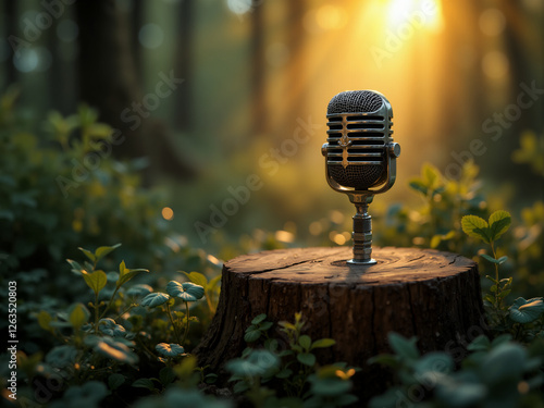 Vintage Microphone on Tree Stump in Serene Forest at Sunrise or Sunset Golden Hour with Lush Green Foliage and Warm Light