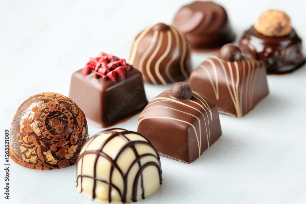 Collection of chocolate candies with decorative toppings on a white background, with full depth of field, focusing on the intricate details Collection of chocolate candies with decorative toppings on a white background, with full depth of field, focusing on the intricate details