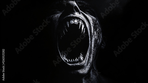 A terrifying black and white close-up of a monstrous creature with sharp fangs wide open mouth and deep shadows creating a dark horror theme

 photo