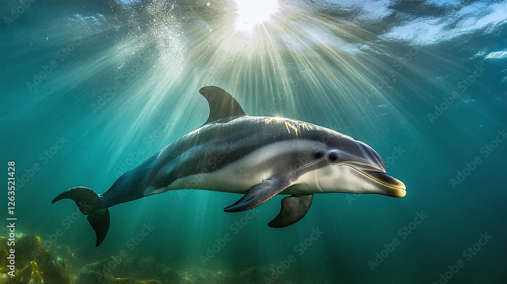 Obraz premium Underwater view of a dolphin swimming in the sea, sun is shining through the water surface.