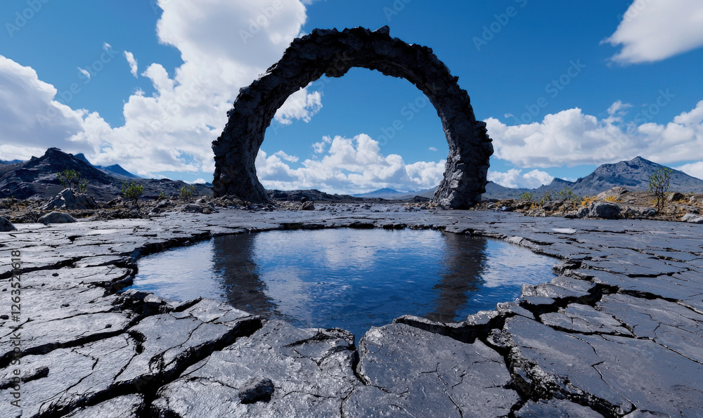 Fototapeta premium Breathtaking Natural Arch and Reflective Pool Amidst Rocky Landscape Under a Vibrant Sky with Fluffy Clouds and Mountain Backdrop