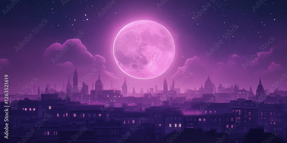 A luminous pink moon shines over a dreamy cityscape A luminous pink moon shines over a dreamy cityscape