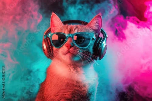 A cool cat wearing headphones and sunglasses against a vibrant neon smoke backdrop, exuding a trendy and playful vibe. Ideal for music, pets, and digital art themes photo