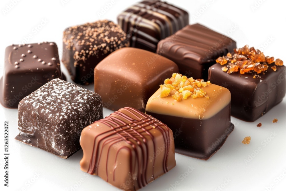 Collection of chocolate candies with decorative toppings on a white background, with full depth of field, focusing on the intricate details Collection of chocolate candies with decorative toppings on a white background, with full depth of field, focusing on the intricate details