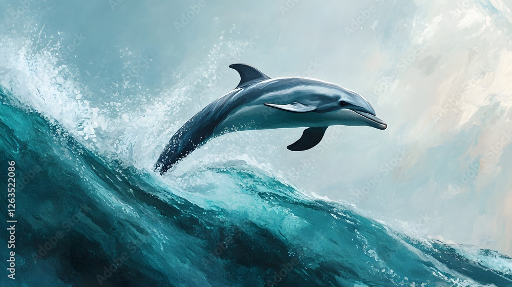 Fototapeta premium Dolphin Oil Painting Jumping in the Sea, Abstract Image, Texture, Pattern Background, Wallpaper, Cover and Screen for Smartphone, PC, Laptop, 9:16 and 16:9 Format