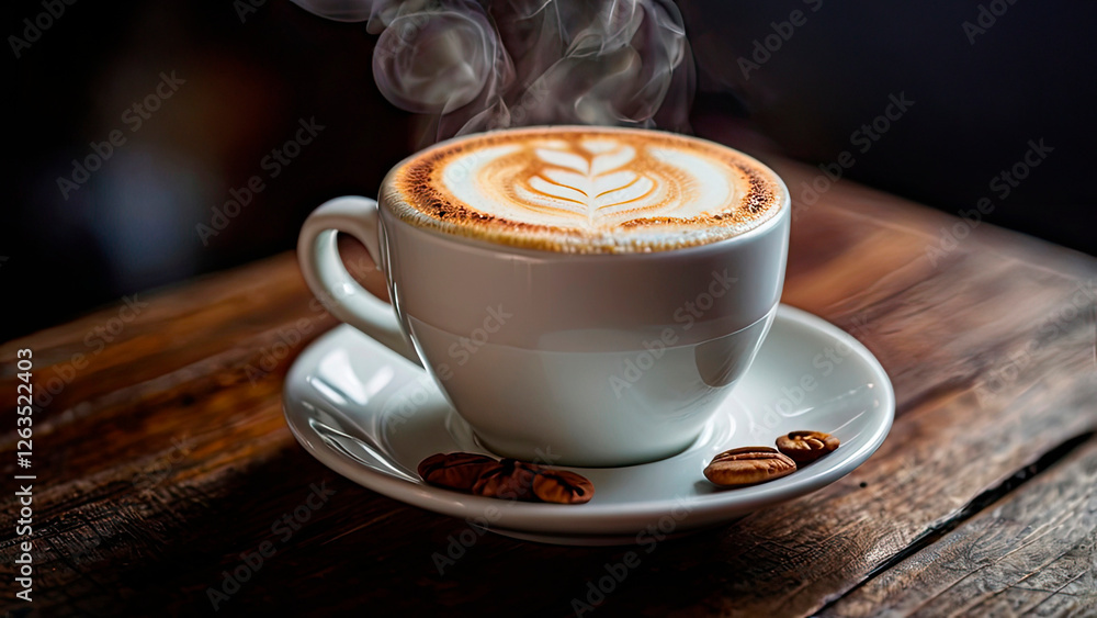 White cup of cappuccino with foam. a cup stands on a dark wooden table White cup of cappuccino with foam. a cup stands on a dark wooden table