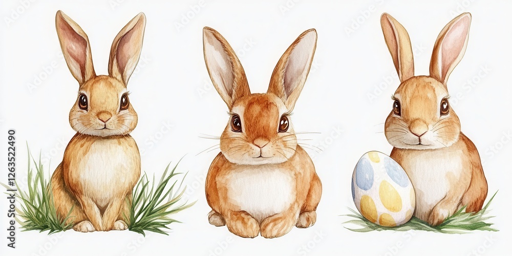 Obraz premium Three whimsical watercolor rabbits are nestled in vibrant grass, joyfully surrounded by colorful Easter eggs, embodying the spirit of springtime festivities.
