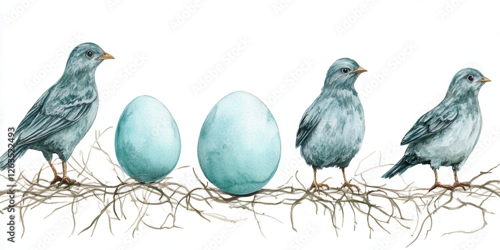 Fototapeta premium Three colorful birds perch beside a blue egg on a branch, creating a serene and charming nature scene.