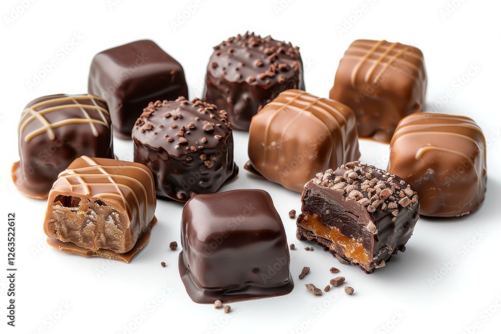 Collection of chocolate candies with decorative toppings on a white background, with full depth of field, focusing on the intricate details Collection of chocolate candies with decorative toppings on a white background, with full depth of field, focusing on the intricate details