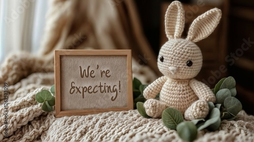 pregnancy announcement. square r board displaying the text 'We’re Expecting! handmade crochet bunny