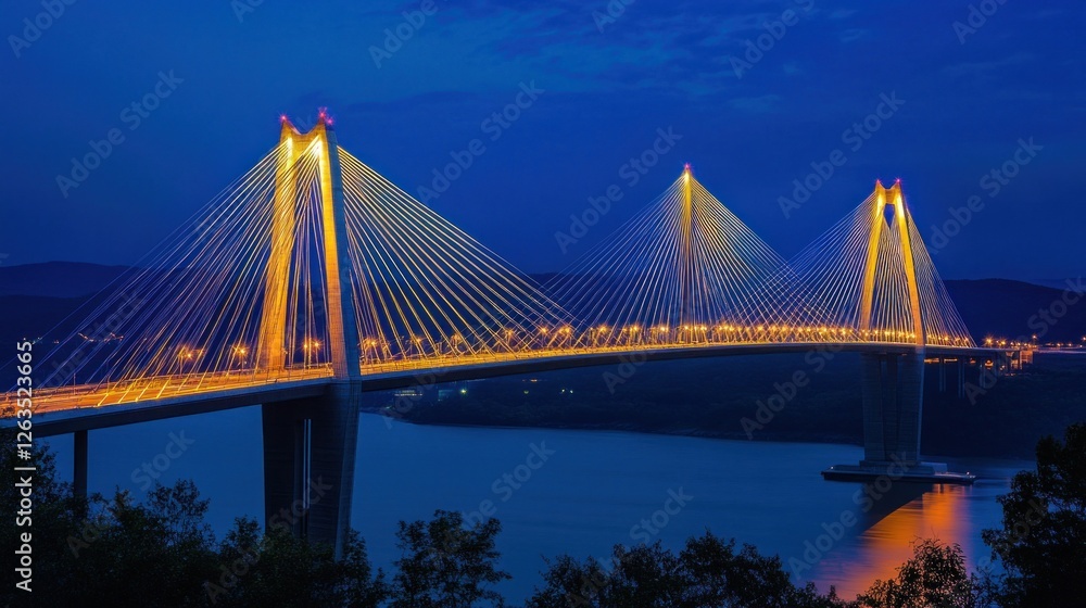 Fototapeta premium Illuminated cable-stayed bridge spanning a river at twilight.