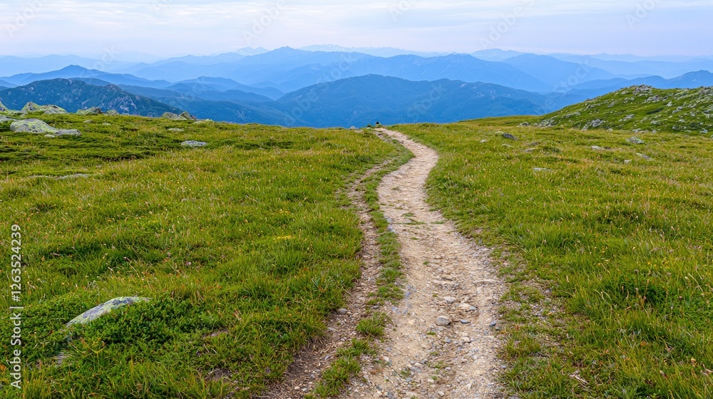 Mountain path leading to distant hazy peaks. Possible use stock photo Mountain path leading to distant hazy peaks. Possible use stock photo