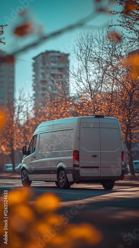 Wallpaper Mural White Delivery Van on Urban Street Amidst Autumn Trees Torontodigital.ca