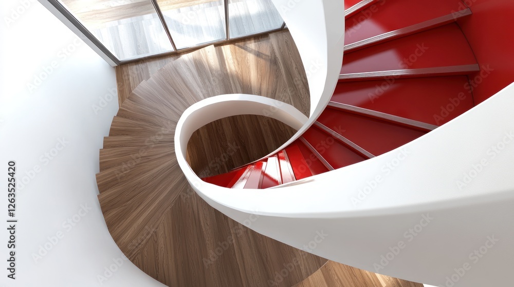 Fototapeta premium A spiral staircase with white walls and red accents, seen from above, the circular shape and rich colors have a uniqueness that is eye-catching