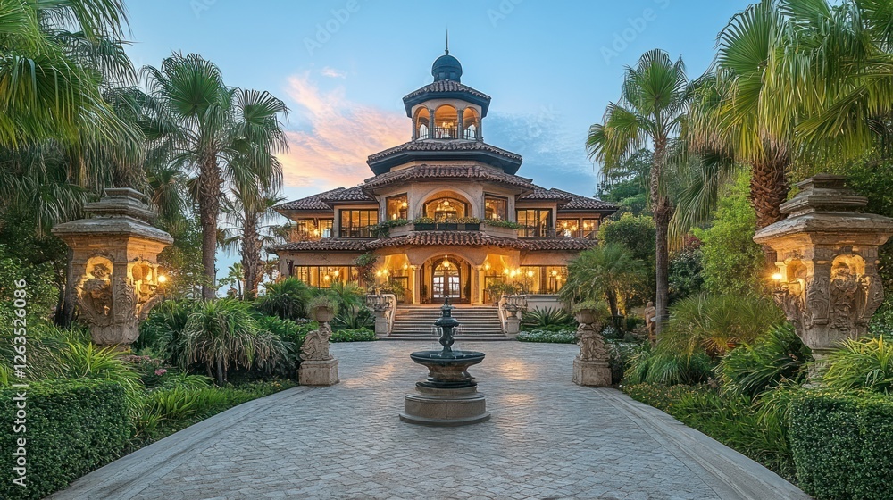 Obraz premium Luxury Mansion at Dusk: A Tropical Oasis