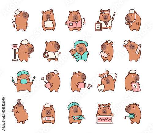 Set of capybara doctor and nurse characters in a variety of medical roles, using tools like syringe, stethoscope, thermometer, and pills, cute cartoon style for creative projects.