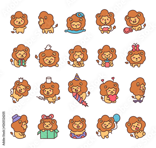 Adorable lion character set featuring cute kawaii celebrating birthday, holding gifts, balloons, wearing hats, and enjoying heartwarming moments in a charming cartoon style
