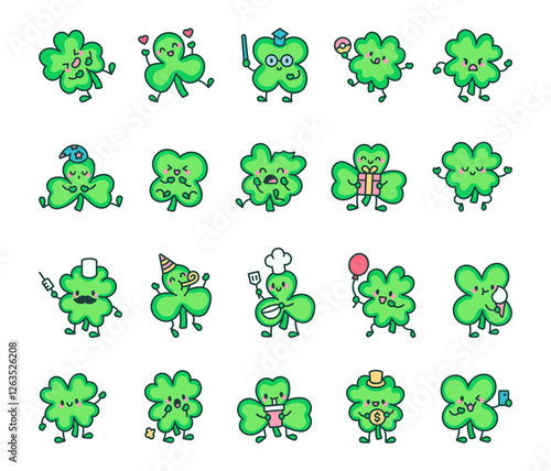 Adorable clover plant character set featuring a variety of emotions and fun accessories, including laughing, tasty donut, angry mood, gift surprise, meditation pose.