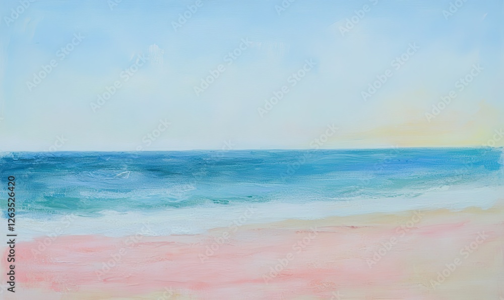 A gentle beachscape with pink-tinted sand and a peaceful blue sea under a light, pastel-colored sky. A gentle beachscape with pink-tinted sand and a peaceful blue sea under a light, pastel-colored sky.