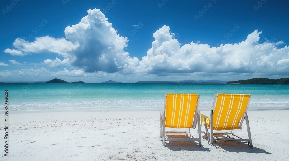 Two vibrant yellow chairs rest on the sandy beach, facing the tranquil ocean, inviting relaxation under the sun’s warm glow. Two vibrant yellow chairs rest on the sandy beach, facing the tranquil ocean, inviting relaxation under the sun’s warm glow.