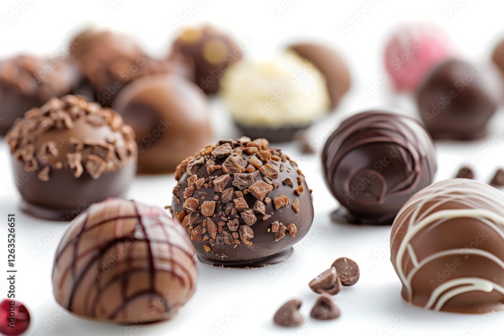 Collection of chocolate candies with decorative toppings on a white background, with full depth of field, focusing on the intricate details Collection of chocolate candies with decorative toppings on a white background, with full depth of field, focusing on the intricate details