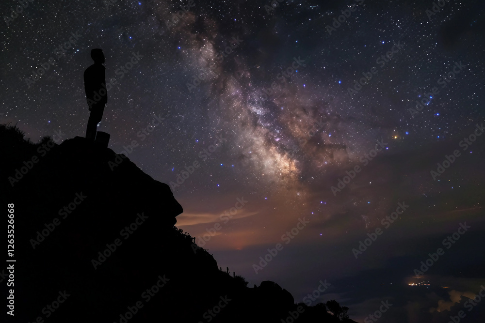 Astronomer stargazing milky way nebula with telescope under night sky, generative AI image Astronomer stargazing milky way nebula with telescope under night sky, generative AI image