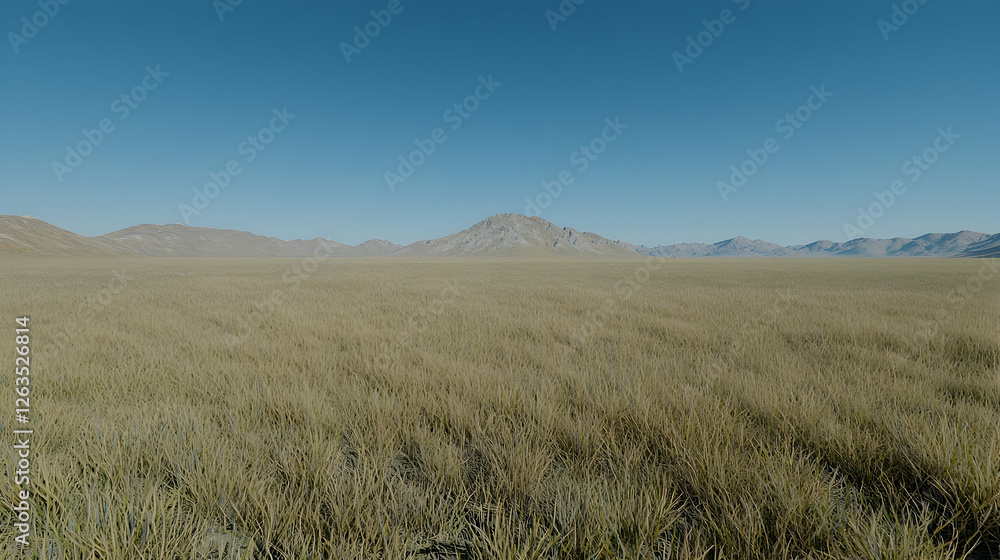 Expansive desert grassland under clear blue sky Expansive desert grassland under clear blue sky