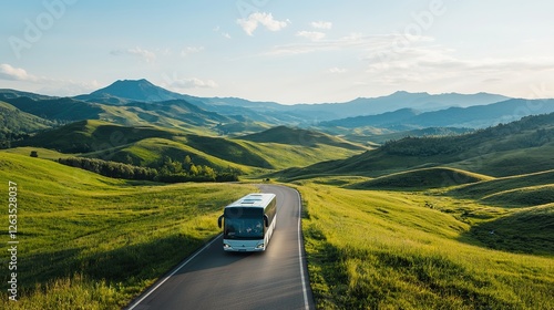 Scenic bus journey through lush countryside nature landscape vibrant green hills aerial view tranquility photo