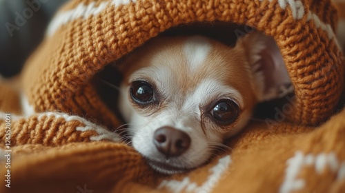 Chihuahua Peeking Out of a Cozy Sweater Photo photo