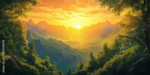 Wallpaper Mural A stunning mountain vista bathed in golden sunlight at dusk. Sunlight weaves through peaks, casting a radiant glow on verdant slopes, with hues of orange and yellow painting the sky Torontodigital.ca