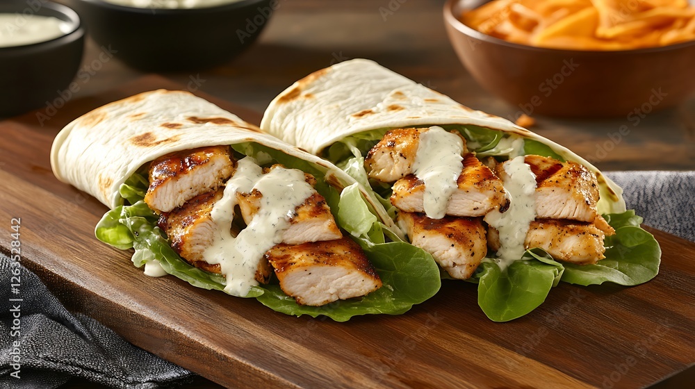 A classic grilled chicken Caesar salad wrap with creamy Caesar dressing A classic grilled chicken Caesar salad wrap with creamy Caesar dressing