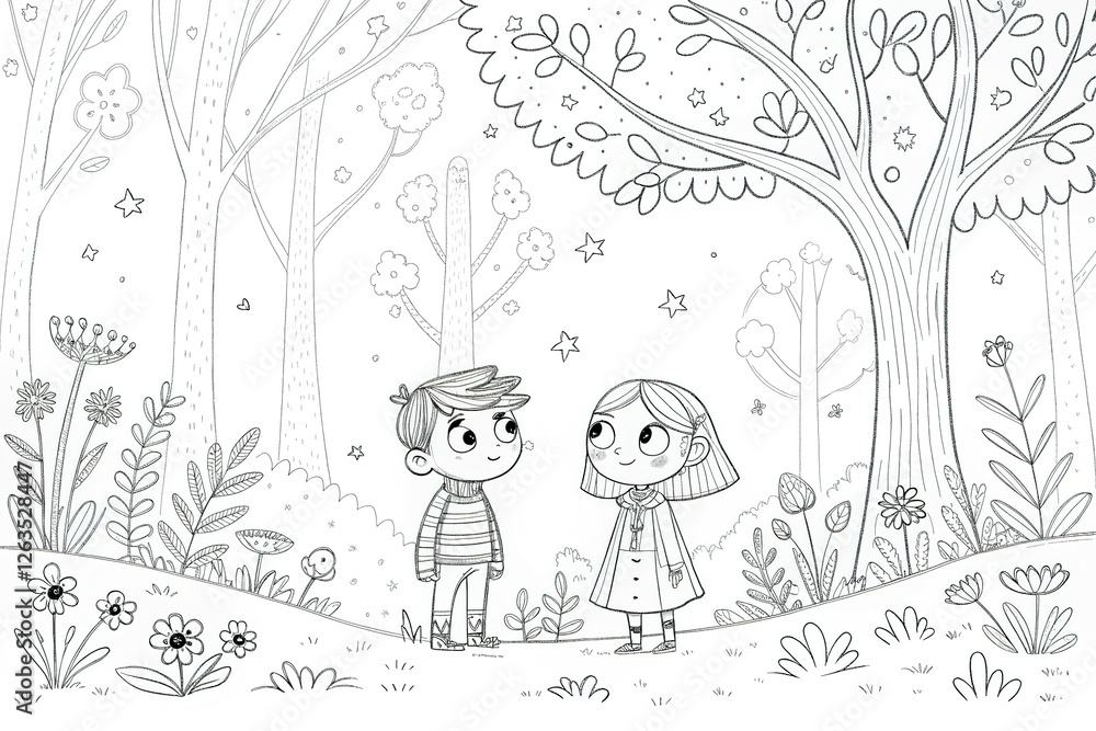 Fototapeta premium Coloring page with a boy and a girl in the forest