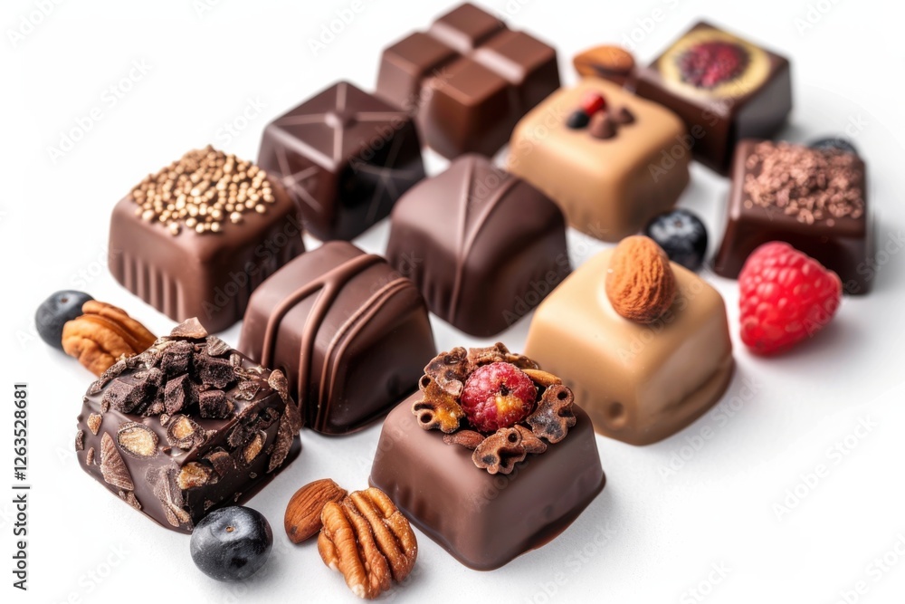 Collection of chocolate candies with decorative toppings on a white background, with full depth of field, focusing on the intricate details Collection of chocolate candies with decorative toppings on a white background, with full depth of field, focusing on the intricate details