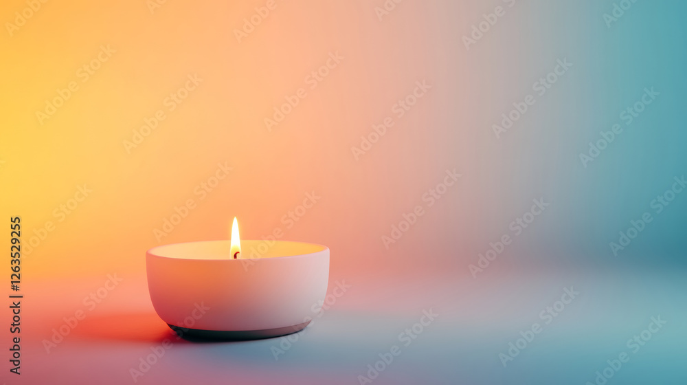 Minimalist style with a glowing single candle captured in a fisheye angle against a soft gradient background, emphasizing tranquility in a serene atmosphere Minimalist style with a glowing single candle captured in a fisheye angle against a soft gradient background, emphasizing tranquility in a serene atmosphere