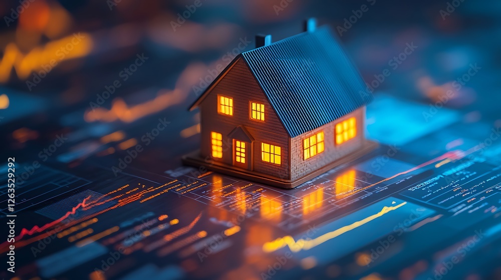 Illuminated house model on a glowing financial chart. Illuminated house model on a glowing financial chart.