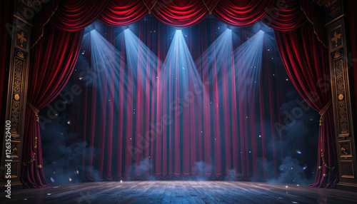 Bright lights shine down on a lavish red velvet curtain, creating a dramatic atmosphere in a theater setting. The buzz of anticipation fills the air as the audience awaits the show