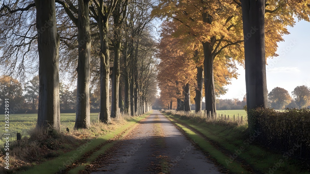 A peaceful country road lined with trees in full autumn leaves A peaceful country road lined with trees in full autumn leaves