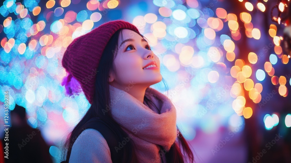 Traveler asian woman travel and sightseeing in winter christmas light up illumination festival in Taipei Taiwan Traveler asian woman travel and sightseeing in winter christmas light up illumination festival in Taipei Taiwan