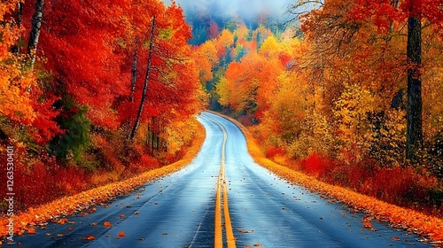 A peaceful country road lined with trees in full autumn leaves