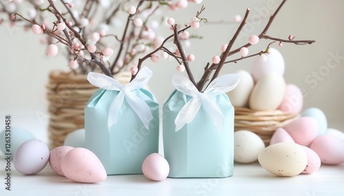 Two blue boxes contain small white eggs, alongside a basket filled with pink and blue eggs, creating a vibrant and festive display. photo