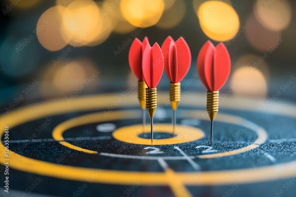 Fototapeta premium Red darts hitting the bullseye, symbolizing success and strategic achievement.