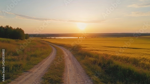 Wallpaper Mural Winding dirt road through vibrant yellow rapeseed fields beside a tranquil lake at sunset in rural countryside Torontodigital.ca