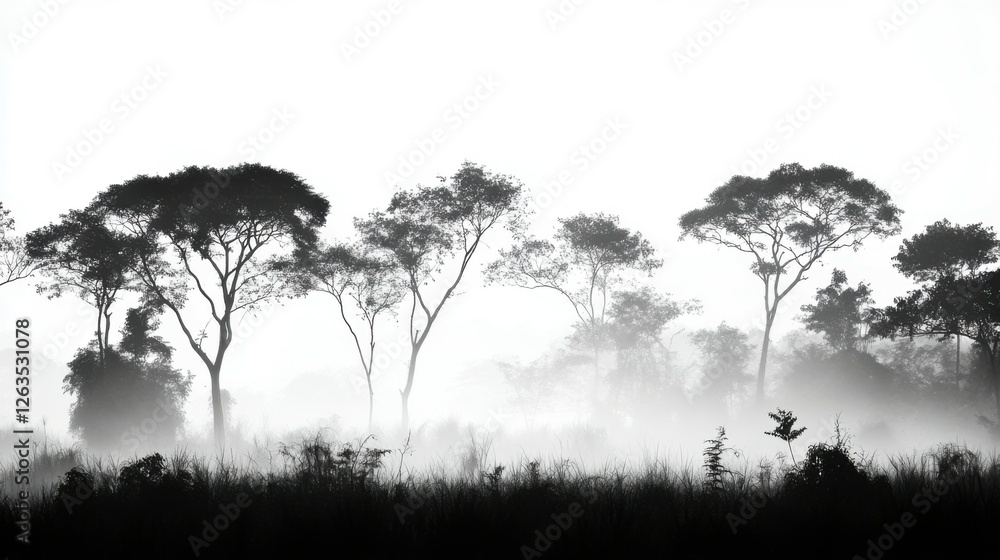 Silhouette of savanna forest at sunrise in Thung Sa Lang Luang, between Phitsanulok and Petchabun, Thailand. Black and white forest pattern background. Silhouette of savanna forest at sunrise in Thung Sa Lang Luang, between Phitsanulok and Petchabun, Thailand. Black and white forest pattern background.