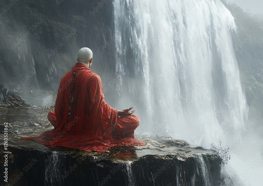 Obraz premium A serene depiction of a warrior monk meditating under a waterfall, ideal for wellness, mindfulness retreats, or spiritual practices around International Meditation Day.