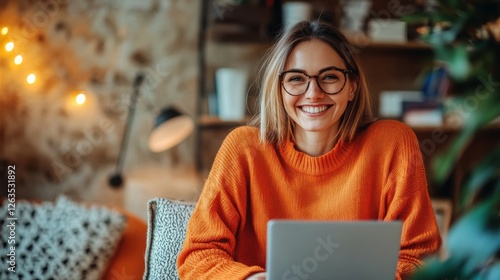 Photo of smiling cheerful mature lady dressed orange sweater working communicating modern gadget indoors house room