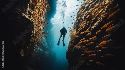 Diver exploring underwater canyon, fish school, vibrant colors photo