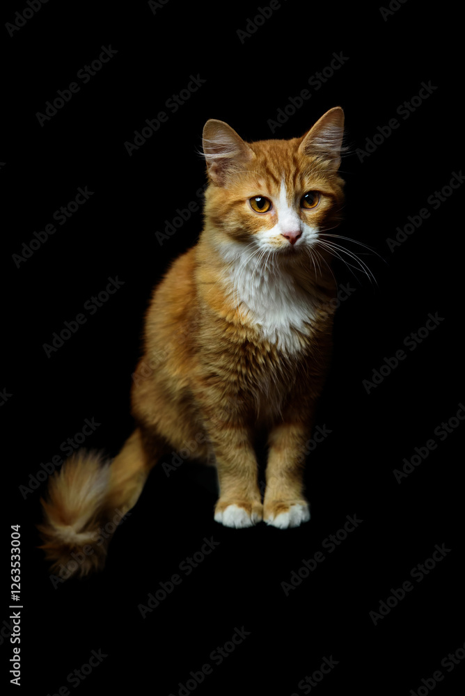 Obraz premium Majestic Ginger Cat Looking at Camera Posing Against a Black Studio Background. 