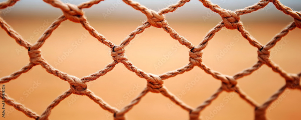 Naklejka premium Macro view of a damaged tennis net with loose thread on a blurred clay court background at a recreational facility during late afternoon